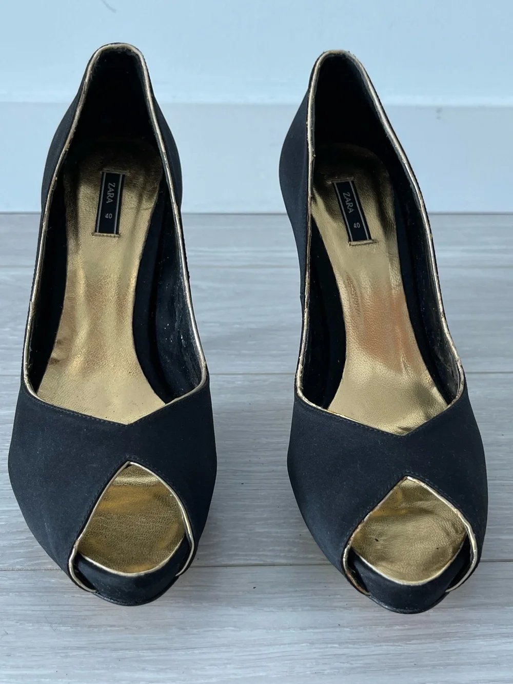 Zara Black Peep-Toe Satin Pumps with Gold Trim Size 40